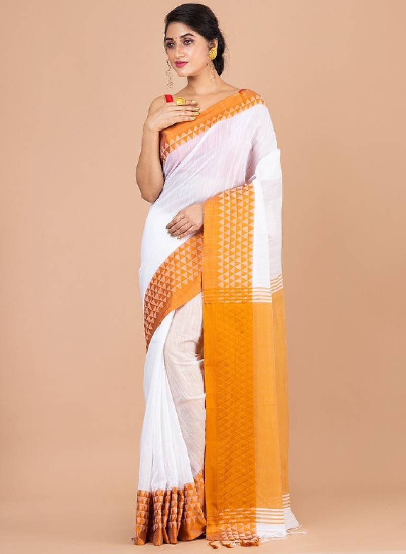 White & orange pure cotton jamdani saree