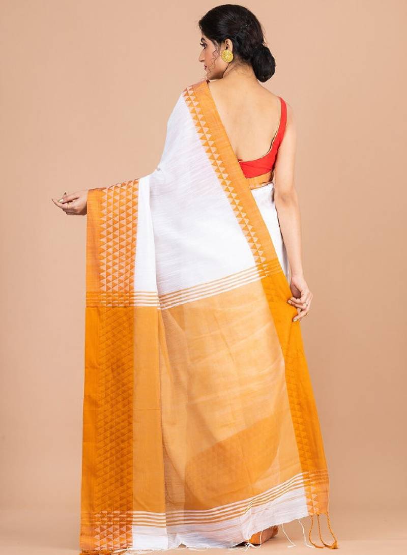 White & orange pure cotton jamdani saree