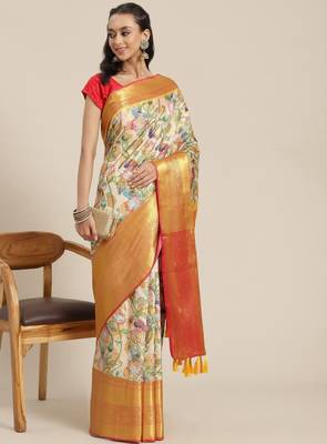 Ethnic motifs woven banarasi silk with digital print saree 1