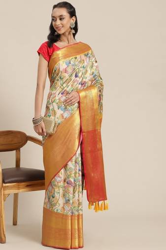 white banarasi silk saree with ethnic motifs print