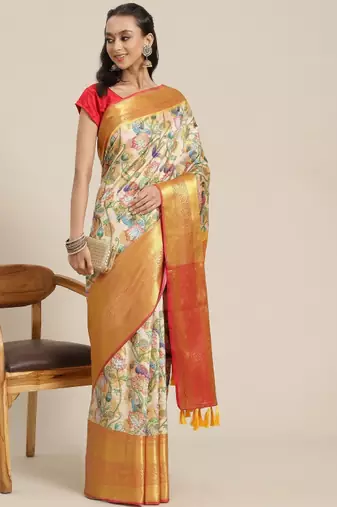 white banarasi silk saree with ethnic motifs print