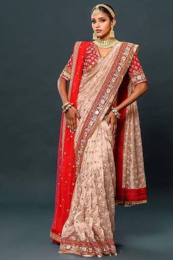 Cream Thread And Zari Work Organza Saree