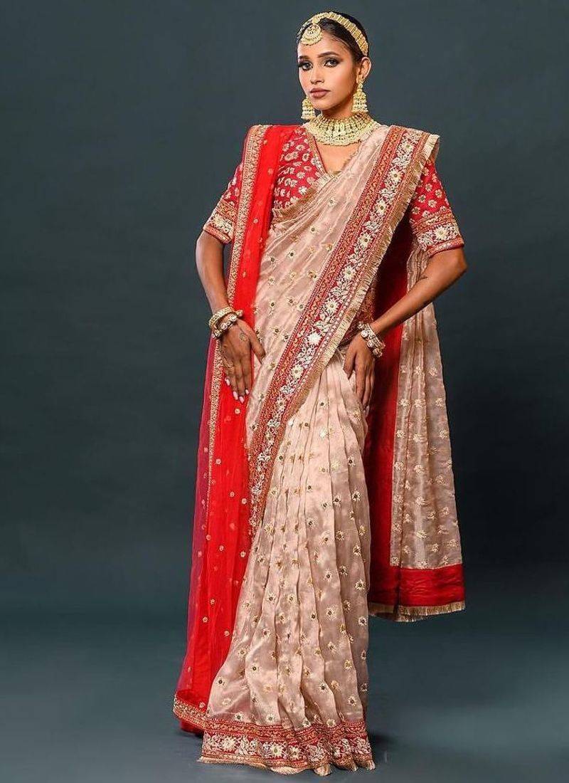 Cream Color Thread And Zari Work Organza Saree
