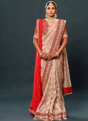 Cream Color Thread And Zari Work Organza Saree 2