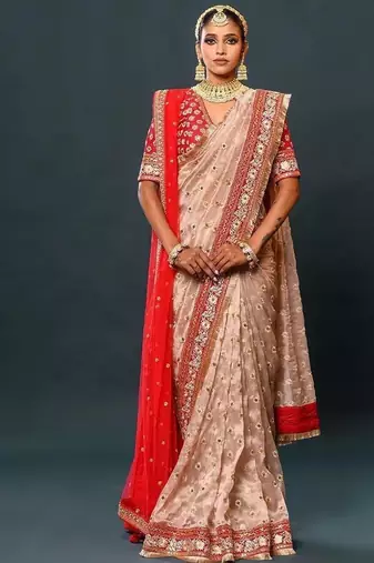 Cream Color Thread And Zari Work Organza Saree