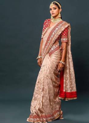 Cream Color Thread And Zari Work Organza Saree 3