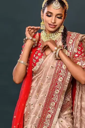 Cream Color Thread And Zari Work Organza Saree
