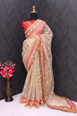Cream Color Thread And Zari Work Organza Saree 5