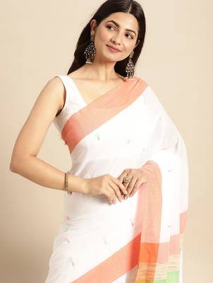 White & orange pure cotton taant saree 1