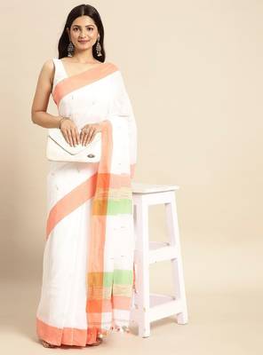 White & orange pure cotton taant saree 2