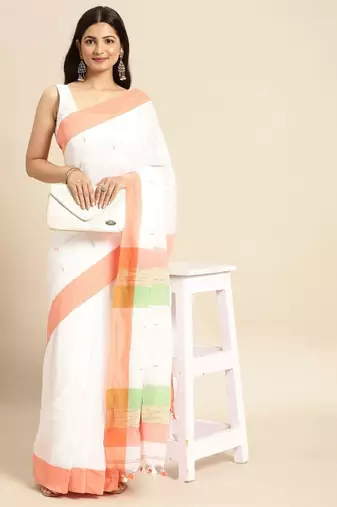 White & orange pure cotton taant saree