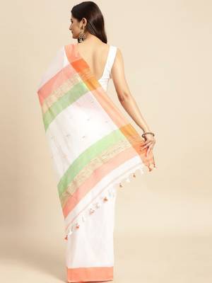 White & orange pure cotton taant saree 3