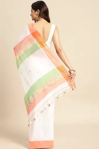 White & orange pure cotton taant saree