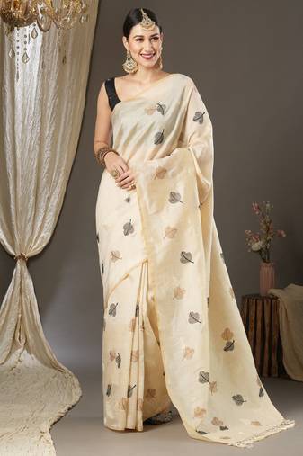 cream silk blend banarasi saree with floral design