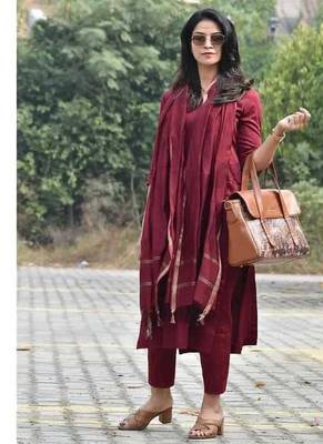 Maroon Color Indian Solid Straight Salwar Kameez Kurti Pant Set for Women 1