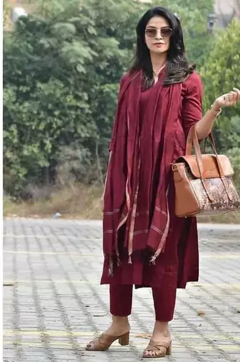 Maroon Color Indian Solid Straight Salwar Kameez Kurti Pant Set for Women