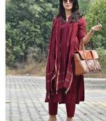 Maroon Color Indian Solid Straight Salwar Kameez Kurti Pant Set for Women
