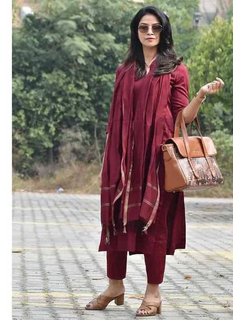 Maroon Color Indian Solid Straight Salwar Kameez Kurti Pant Set for Women