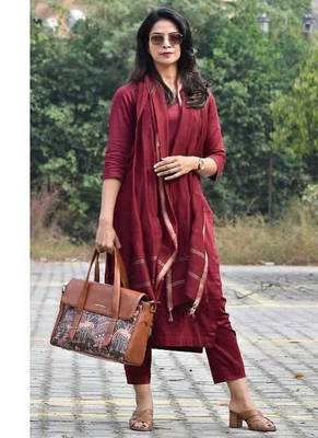 Maroon Color Indian Solid Straight Salwar Kameez Kurti Pant Set for Women 2