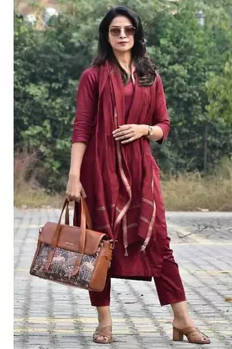Maroon Color Indian Solid Straight Salwar Kameez Kurti Pant Set for Women