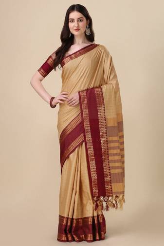 beige mysore silk saree with checked zari design