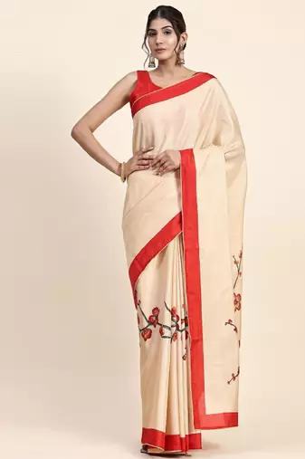 cream khandua silk saree with floral printed design