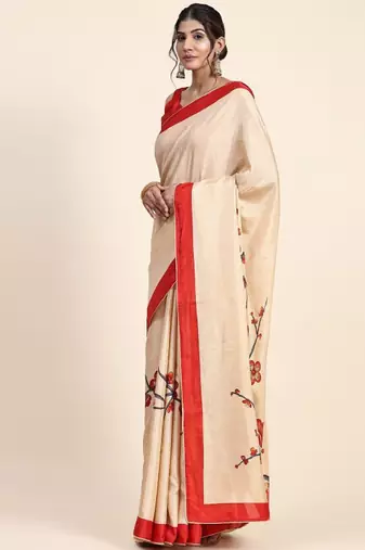 cream khandua silk saree with floral printed design