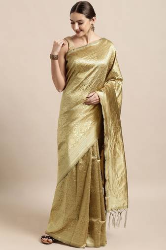 cream silk blend banarasi saree with ethnic motifs