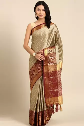 Beige & red woven design zari mysore silk saree
