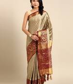 Beige & red woven design zari mysore silk saree