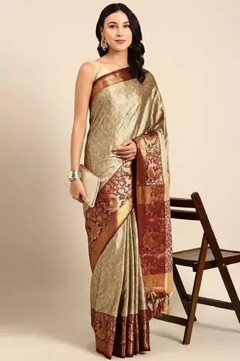 Beige & red woven design zari mysore silk saree