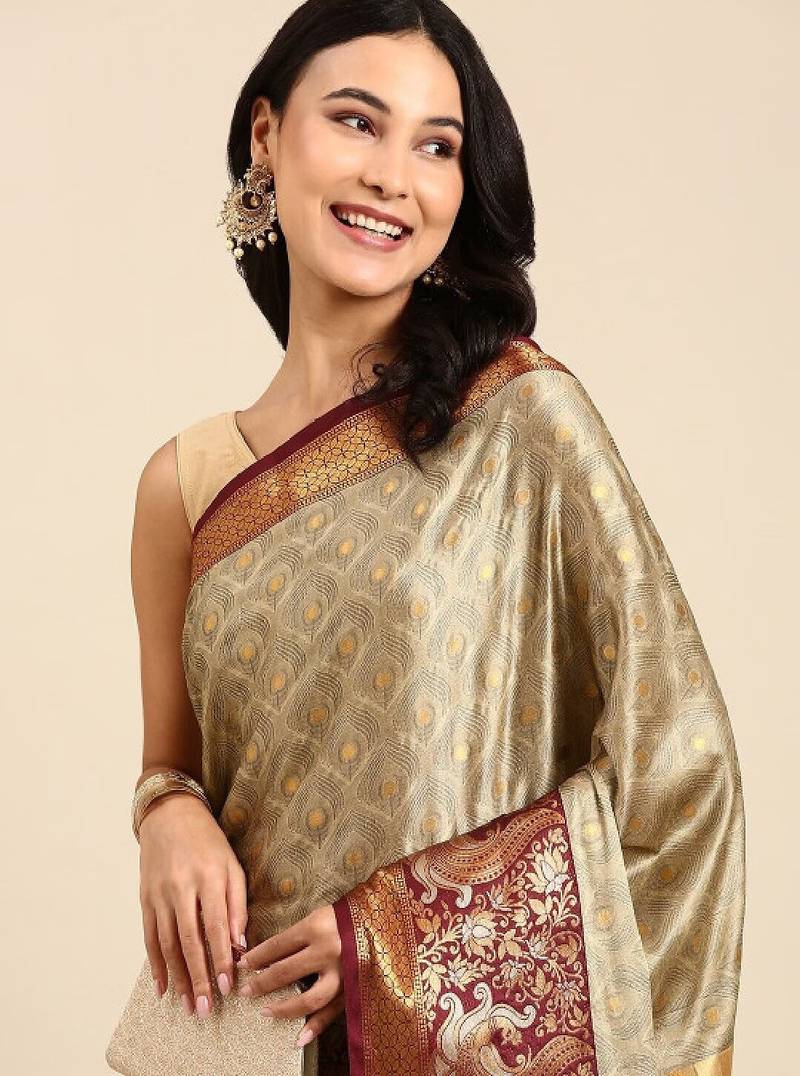 Beige & red woven design zari mysore silk saree