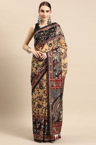 cream kalamkari saree with traditional printed design