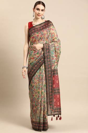cream saree with kalamkari printed design