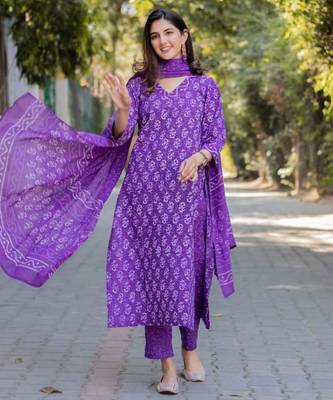 Purple Indian Straight Salwar Kameez Dabu Print Kurti Pant Dupatta Set for Women 1