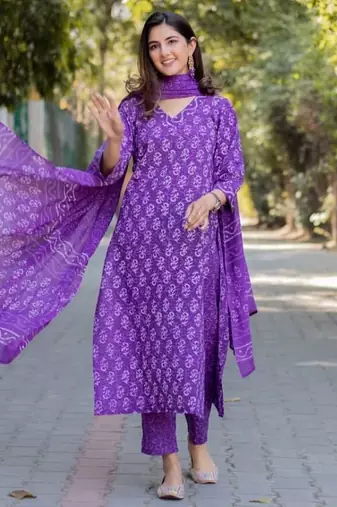 Purple Indian Straight Salwar Kameez Dabu Print Kurti Pant Dupatta Set for Women