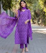 Purple Indian Straight Salwar Kameez Dabu Print Kurti Pant Dupatta Set for Women