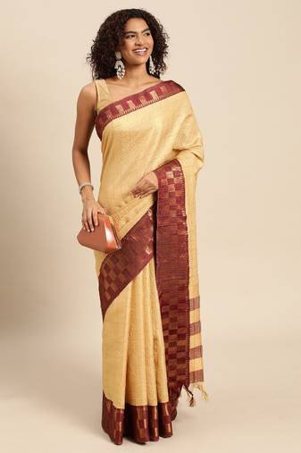 beige saree with checked zari design