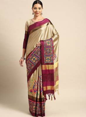 Ethnic motifs embroidered silk cotton banarasi saree 1