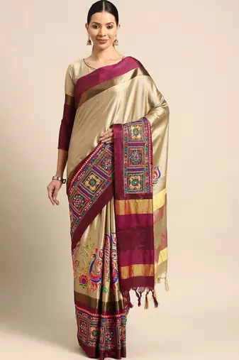 Ethnic motifs embroidered silk cotton banarasi saree