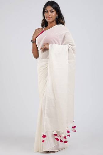 white cotton saree with traditional design
