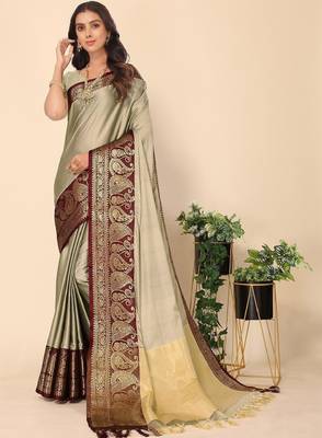 Ethnic motifs woven design zari banarasi saree 1