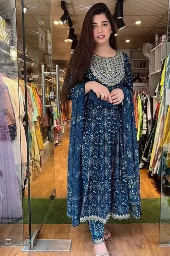 Blue Embroidered Naira Cut  Kurti Pant Dupatta Set