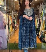 Blue Embroidered Naira Cut  Kurti Pant Dupatta Set
