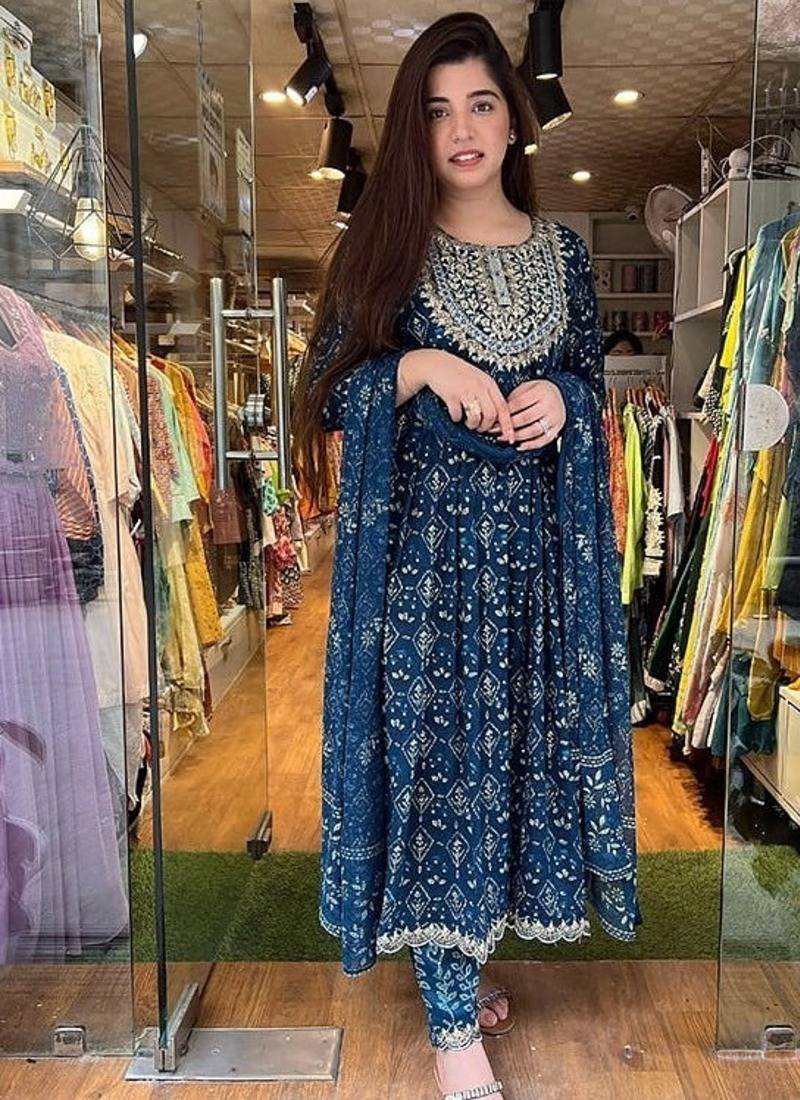 Blue Embroidered Naira Cut  Kurti Pant Dupatta Set