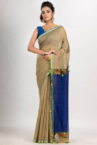beige cotton saree with colourblocked zari design