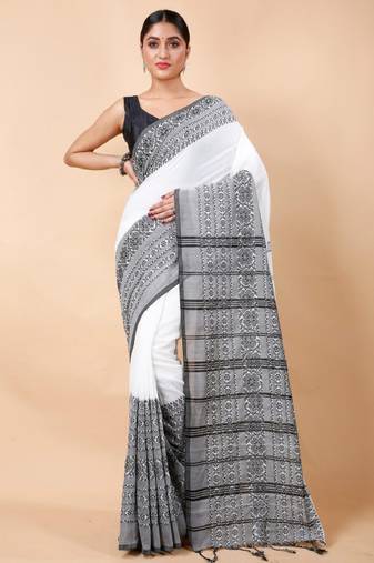 white khadi cotton saree with ethnic motifs weave