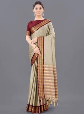 Ethnic motifs woven design silk cotton zari saree 1
