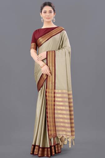 beige silk cotton saree with ethnic motifs zari weave