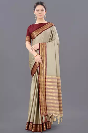 Ethnic motifs woven design silk cotton zari saree